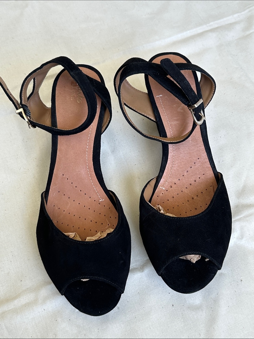 Clarks Black Suede Open-Toe Ankle Strap Heels